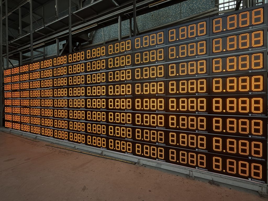 Newly manufactured Fuel Price Sign units undergoing essential aging testing at the Comsight factory prior to delivery
