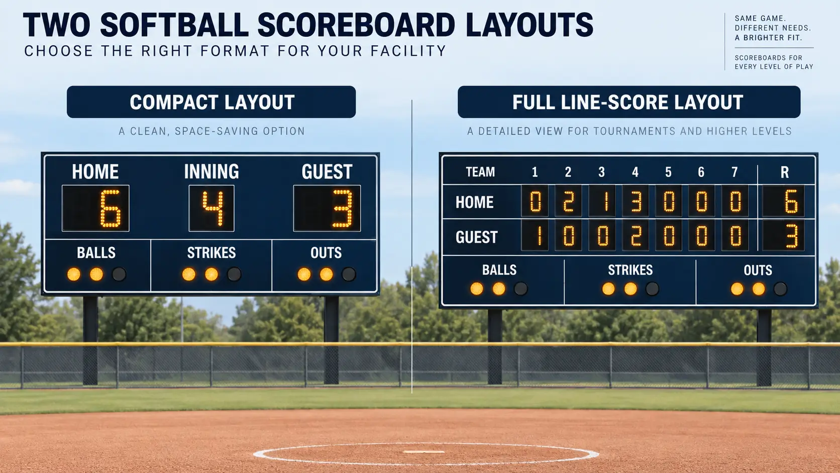 Side-by-side comparison of compact and full line-score softball scoreboards, showing different layouts for team scores, innings, balls, strikes, and outs.