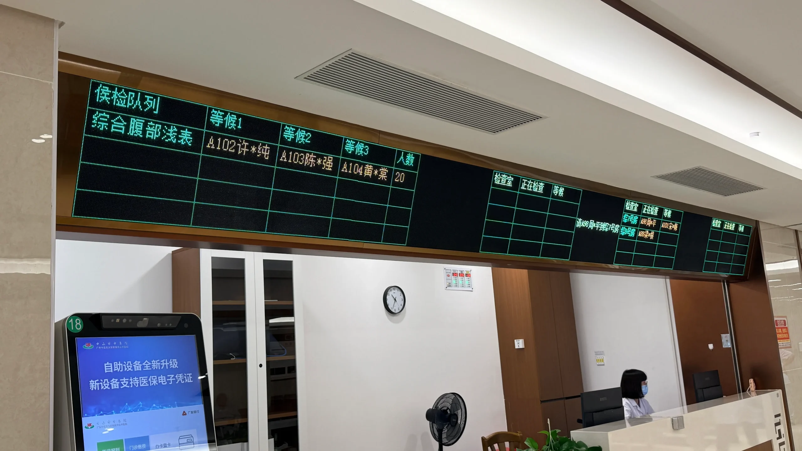 Customized P4.75 LED display showing patient examination rooms, queue status, and waiting information in the ultrasound department.