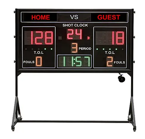 Portable basketball scoreboard mounted on a wheeled metal frame, showing team scores, shot clock, game period, fouls, and remaining time.